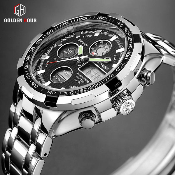 Men Silver Steel Digital Quartz Analog Watch - analog