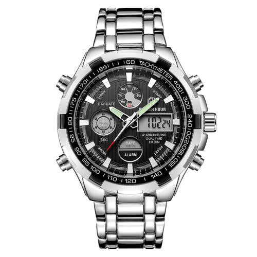 Men Silver Steel Digital Quartz Analog Watch - analog