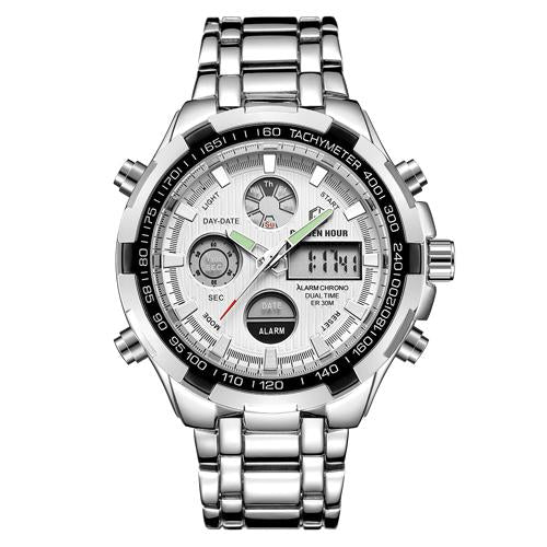 Men Silver Steel Digital Quartz Analog Watch - analog